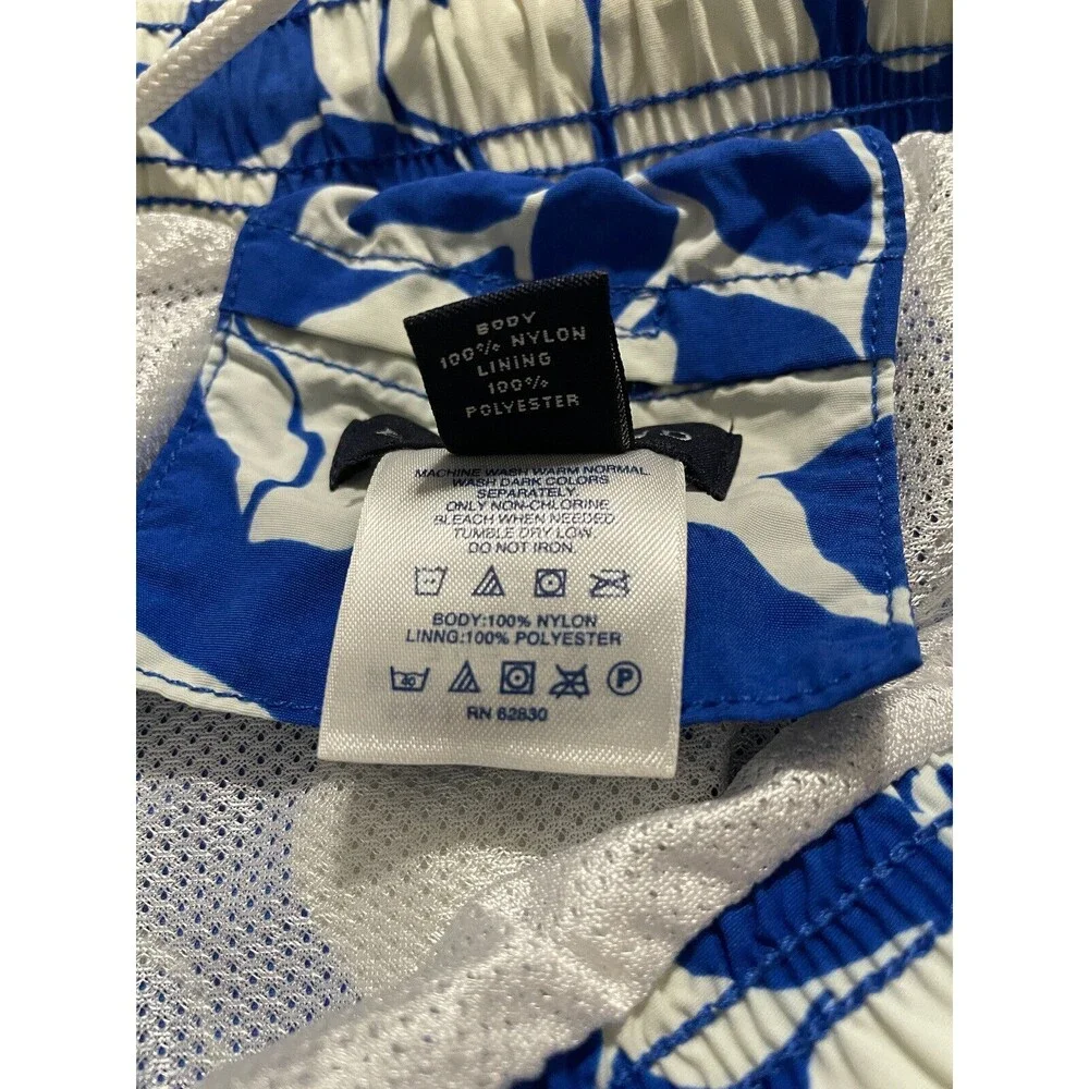 Lands End Swim Trunk Shorts Mens Large 36 38 Blue White Floral Pull On Lined